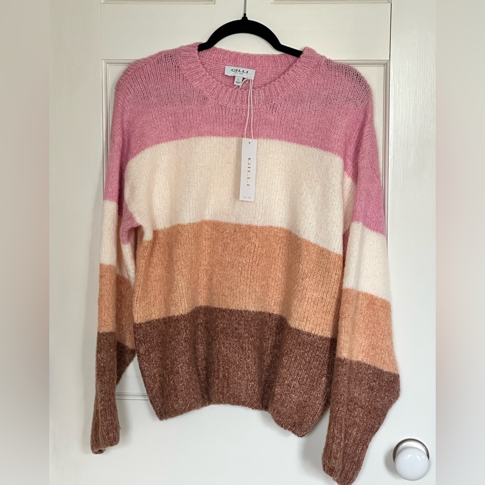 NWT super soft Gilli color block sweater in pink, cream, tan, and brown - size L